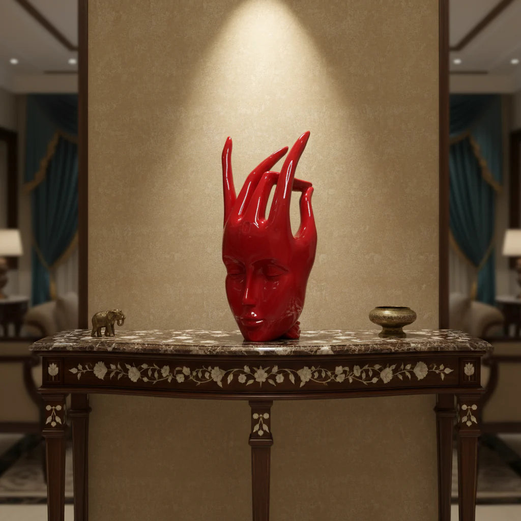 Regal Red Crowned Mudra Zen Face Sculpture (1.4 Ft Approx)