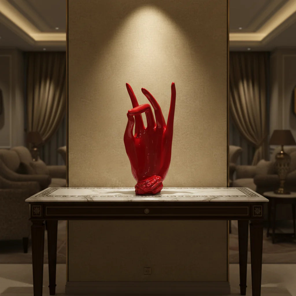 Regal Red Crowned Mudra Zen Face Sculpture (1.4 Ft Approx)