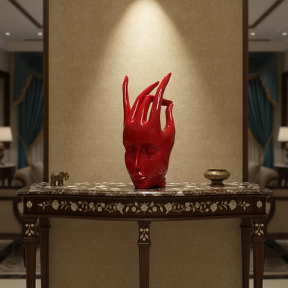 Regal Red Crowned Mudra Zen Face Sculpture (1.4 Ft Approx)